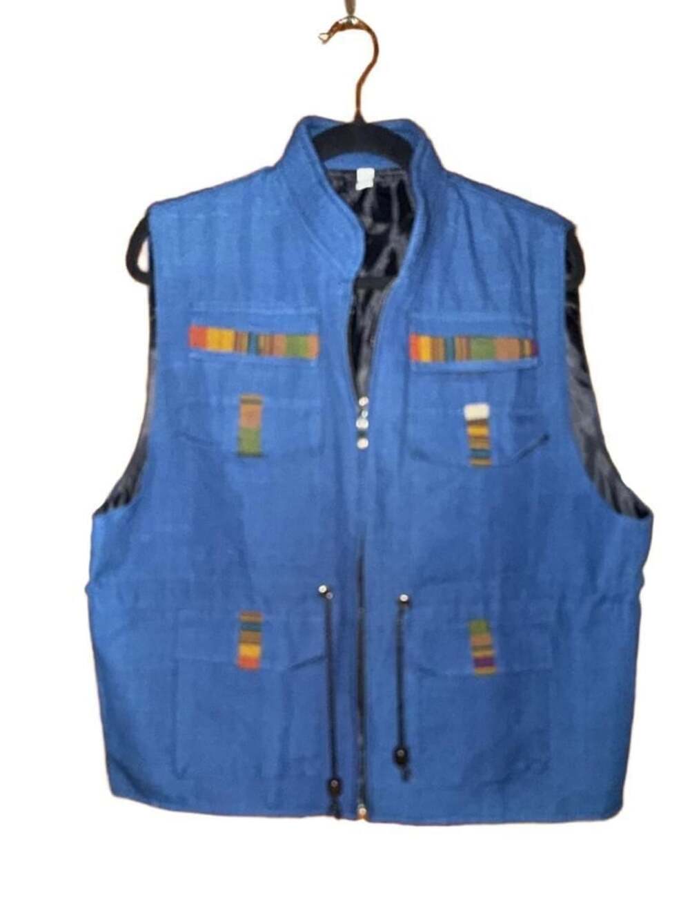 Vintage Guatemalan Cargo Vest Size L Blue Southwestern Multi Pocket